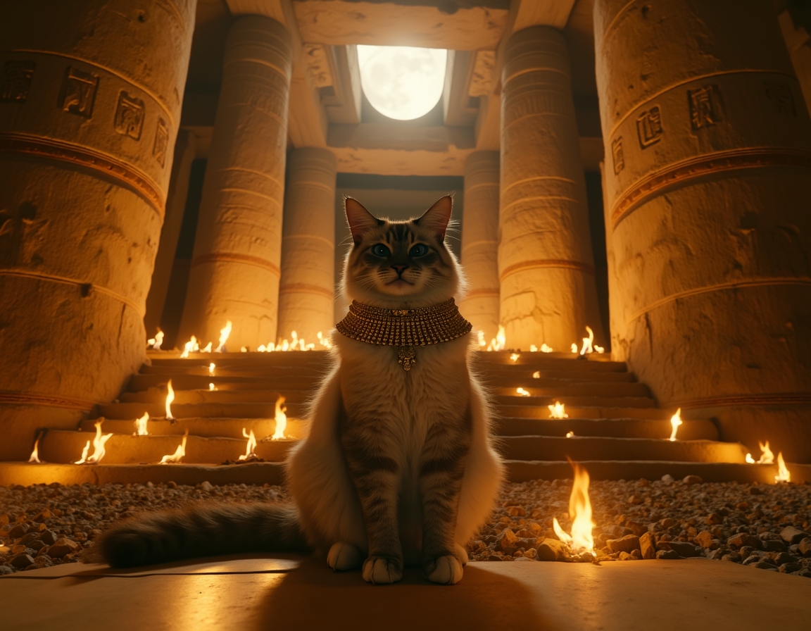 Cat dressed in luxurious golden regalia sits in an ancient Egyptian temple at night, surrounded by hieroglyphs and lit torches. The cat exudes the aura of a revered feline goddess, capturing the timeless majesty of ancient Egypt.